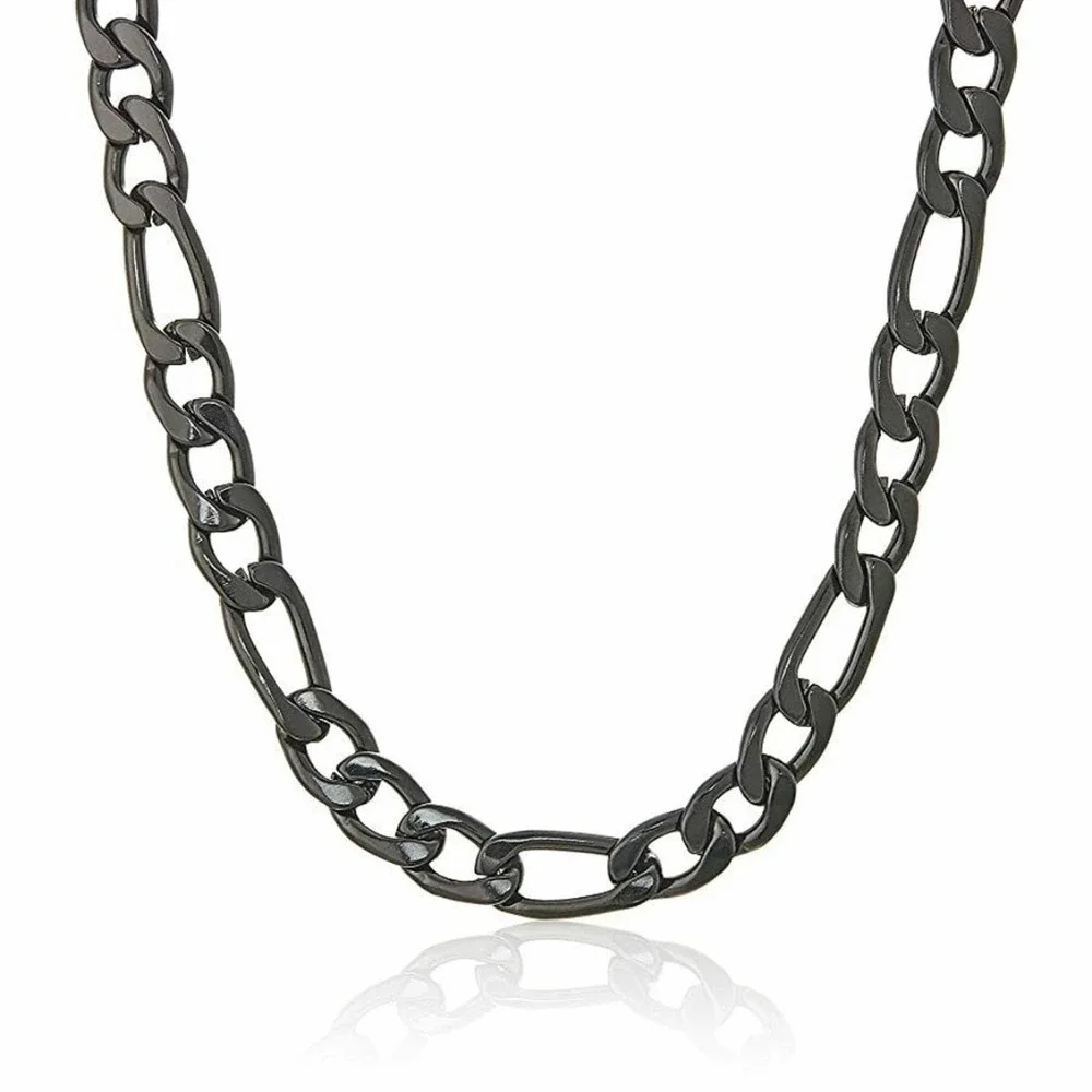 Men's Black Enamel Figaro Necklace Stainless Steel Chain! NEW 24